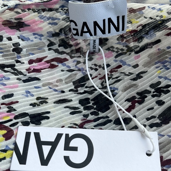 Ganni Pleated Georgette F3403 Multicolor Egret Floral Sleeveless V-neck Dress - Picture 12 of 12